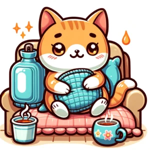 Katze erbricht Schaum: Lustiges Comic-Bild einer kranken Katze mit Tee